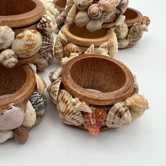 Set 8 Vtg Mixed Sea Shell Wood Napkin Rings Beach Ocean Nautical Boho - Picture 9 of 12